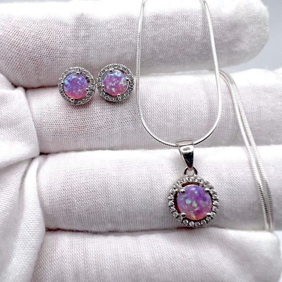 Halo Pink Fire Opal Cz & Clear Cz .925 Sterling Silver Earring & Necklace Set - Picture 3 of 17